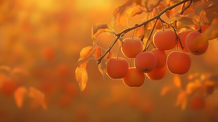 Vibrant orange apples hanging from a branch in a sunlit orchard during autumn, with blurred background