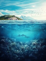 Shark Swimming in Ocean Near Coral Reef and Tropical Island