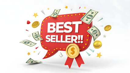 Fototapeta premium Create a vibrant and eye-catching 3D-style promotional graphic that highlights a product as a 'Best Seller'. The design should feature a bold speech bubble with the text 'BEST SELLER.