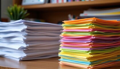 A meticulous arrangement of colorful sticky notes stacked beside a towering pile of white documents on a desk.