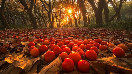 Vibrant orange fruits scattered among fallen leaves in a sunlit forest grove during autumn