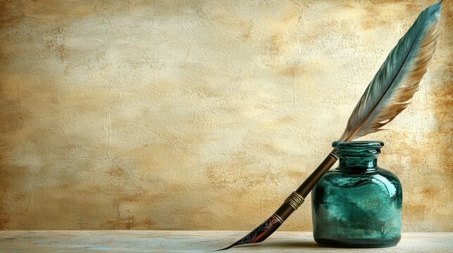 Vintage glass inkwell with feather quill pen on rustic textured background suitable for writing, art, or creative projects with a historical or classic theme
