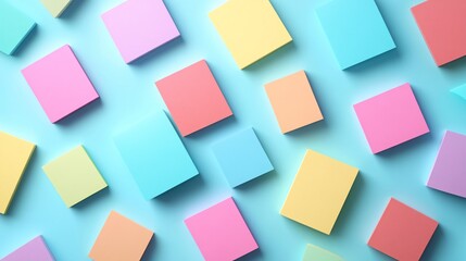 pastel-colored UI mock cards floating across empty paper background