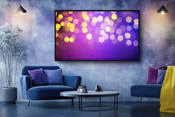 A modern living room featuring a large screen displaying vibrant bokeh lights in purple and yellow hues, with stylish furniture and decorative elements enhancing the cozy atmosphere