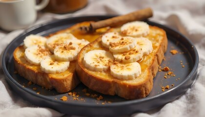 Crispy toast topped with creamy peanut butter, fresh banana slices, and a sprinkle of crushed nuts

