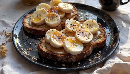 Delicious Toast with Peanut Butter, Sliced Bananas, and Crushed Nuts


