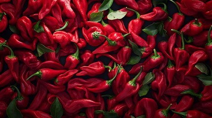 Vibrant red chili peppers scattered artfully on a dark surface, showcasing their glossy texture and green leaves