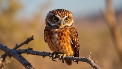 Fototapeta premium Ferruginous Pygmy Owl on Mesquite Branch with Rusty Red Feathers and Yellow Eyes in Desert