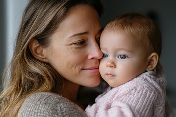 A touching scene of a mother lovingly holding her awake child, illustrating the deep emotional bond that enhances their connection and expresses unconditional love.