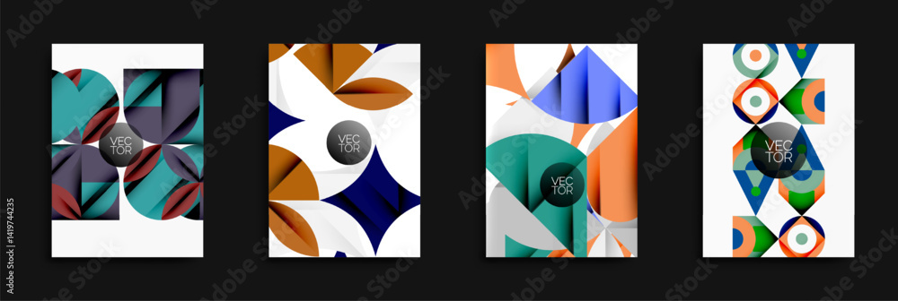 Poster Abstract geometric patterns dominate designs. Vibrant colors, shapes create modern visuals. Vector graphics suggest digital creation.