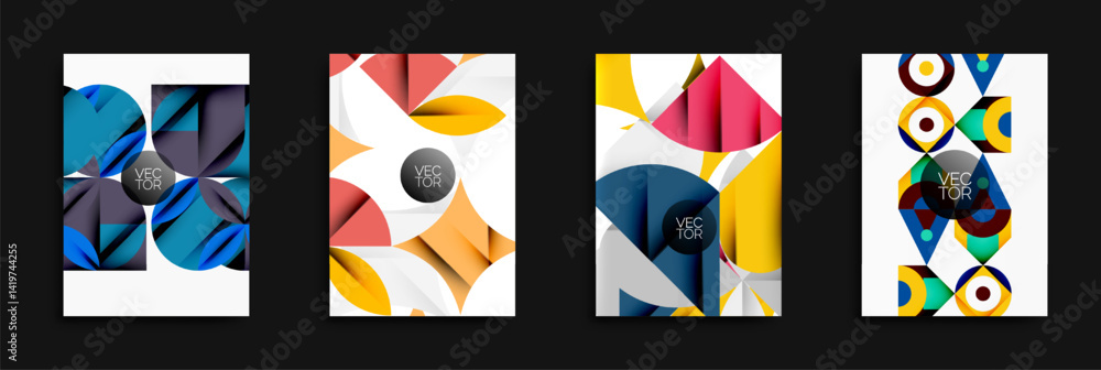Poster Abstract geometric designs. Bright colors, overlapping shapes create modern visuals. Minimalist style, vector graphics present bold compositions.