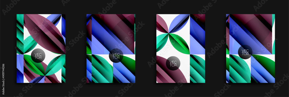 Poster Abstract geometric designs. Colorful overlapping shapes create dynamic patterns. Modern vector illustrations for backgrounds, flyers.