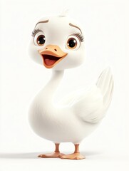 Adorable 3D Cartoon Swan, Joyful Expression, White Background, Happy Bird