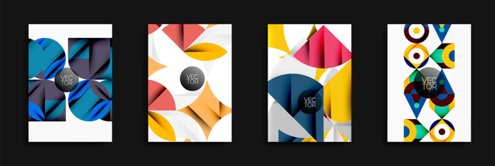 Abstract geometric designs. Bright colors, overlapping shapes create modern visuals. Minimalist style, vector graphics present bold compositions.
