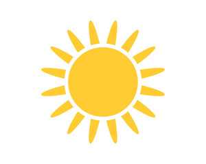 A bright, cheerful yellow sun icon with radiating rays on a clean white background. A symbol of warmth, happiness, and positive energy.