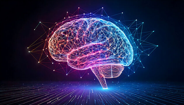 Abstract brain design. Glowing network symbolizes intelligence, artificial intelligence, and neural connections. Ideal for tech, science,  innovation.