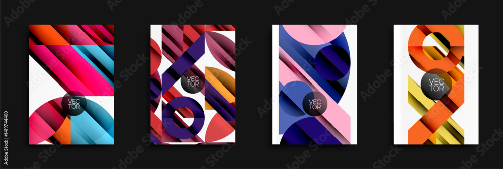 Poster four vibrant abstract designs. geometric shapes overlap, creating dynamic compositions. colors blend