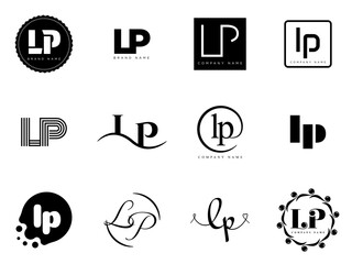 LP logo company template. Letter l and p logotype. Set different classic serif lettering and modern bold text with design elements. Initial font typography.