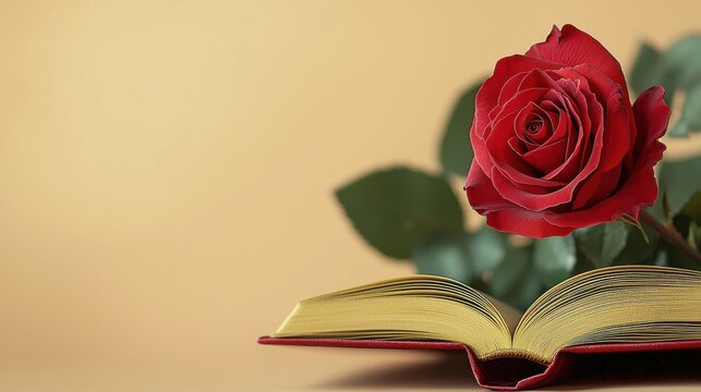 Close-up of a vibrant red rose blooming next to an open book on a soft yellow background, symbolizing love, beauty, romance, literature, and nature.