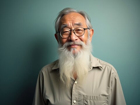 Anciano asi&aacute;tico con un rostro sabio y amable, luciendo una barba blanca larga