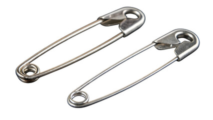 Metal safety pins, macro photography, shiny silver finish isolated on transparent background