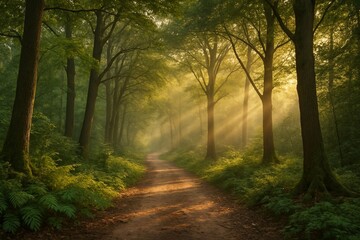 Fototapeta premium Sunlit Forest Path in the Morning