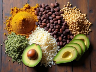 Ingredientes de superalimentación dispuestos ingeniosamente sobre un fondo de madera