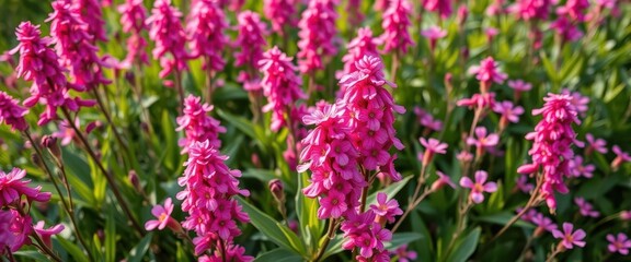 Obraz premium Vibrant pink wildflowers explode from lush green foliage, garden, flowers