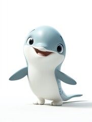 Adorable Cartoon Dolphin, Joyful and Playful, Posing Against a White Background. Its Cheerful Expression Conveys Happiness.