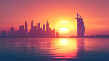 Dubai skyline viewed from the sea in flat silhouette, Burj Al Arab dominating the right side, buildings in faded shadow behind, sunset reflecting off water,