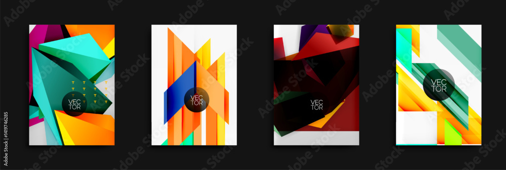 Poster Abstract geometric designs. Bright colors, shapes overlap creating dynamic compositions. Vector illustrations suitable backgrounds.