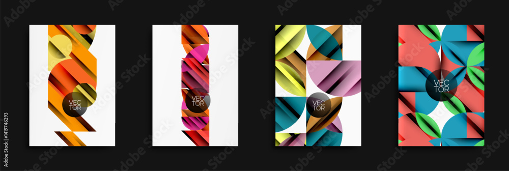Poster Abstract geometric designs. Bright colors overlap, creating dynamic compositions. Modern vector illustrations for backgrounds.