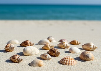 Assortment of seashells lying on a sandy beach with the ocean in the background.