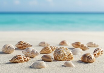 Collection of different sea shells scattered on the sand near the water's edge.