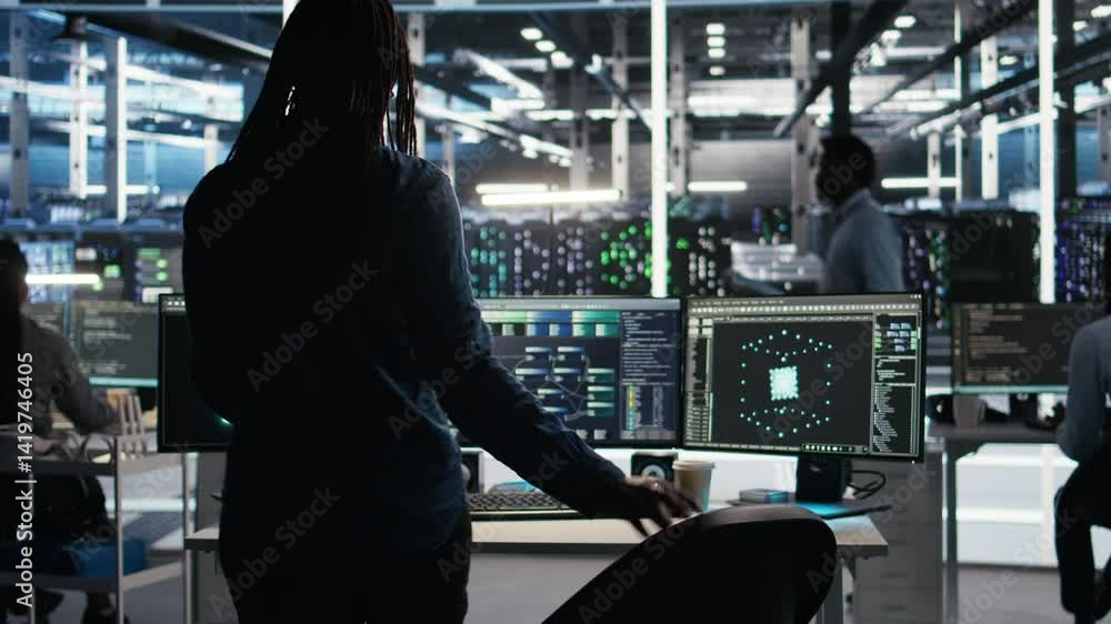 Poster data center programmer entering office uses node tree program to identify equipment performance issu
