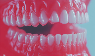 Obraz premium Close-up detailed shot of a model of human teeth, showcasing vibrant pink gums and pearly white teeth. Ideal for dental or medical publications.