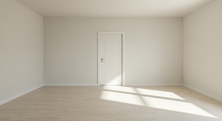 Obraz premium Sunlit empty room with hardwood floors and a single interior door stands ready