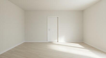 Obraz premium Minimalist white room with natural light casting long shadows and simple door