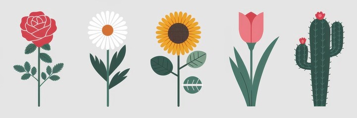 Colorful botanical illustrations of various flowers and a cactus