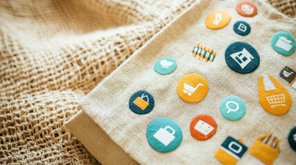Collection of colorful social media and digital icons printed on fabric for online communication internet networking and technology concepts