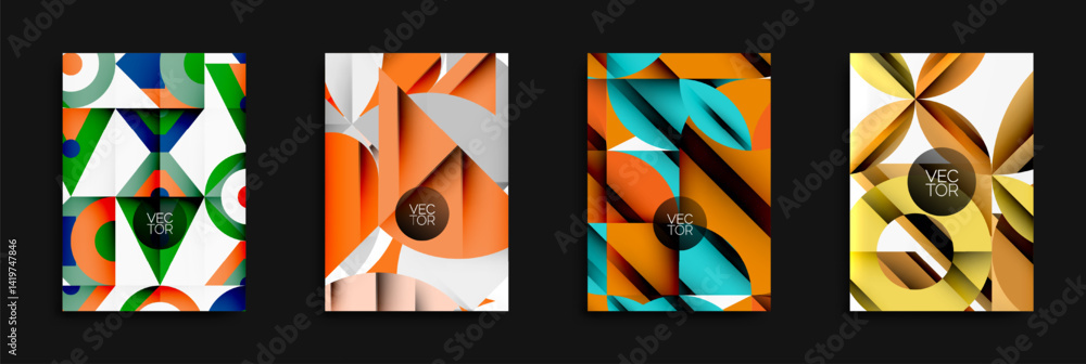Poster Geometric patterns dominate designs. Bright colors, shapes create modern abstract backgrounds. Vector graphics present stylish visuals.
