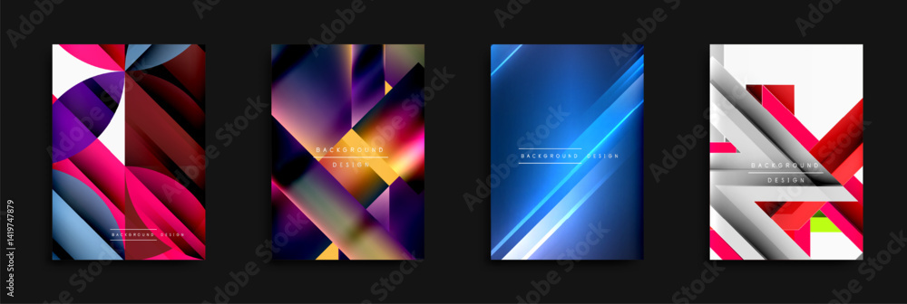 Poster Abstract geometric backgrounds. Vivid colors, dynamic shapes, modern designs. Gradient effects create visual interest.