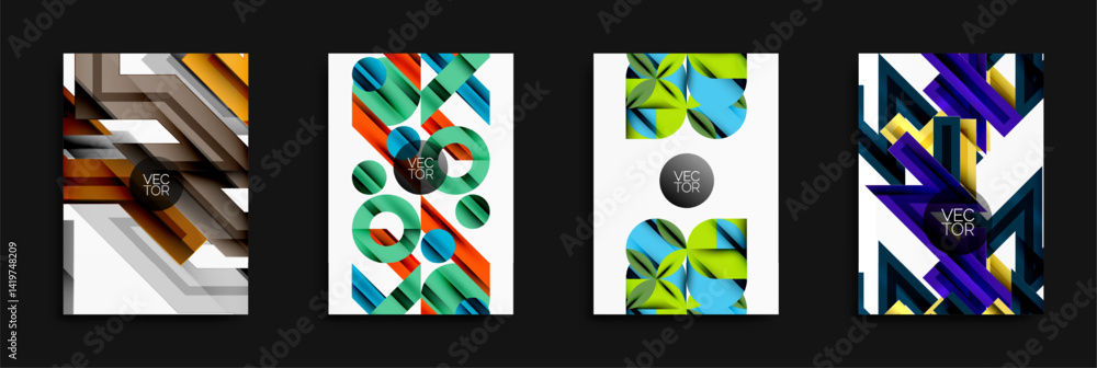 Poster Abstract geometric designs. Bright colors, overlapping shapes, dynamic compositions. Modern vector illustrations for backgrounds.