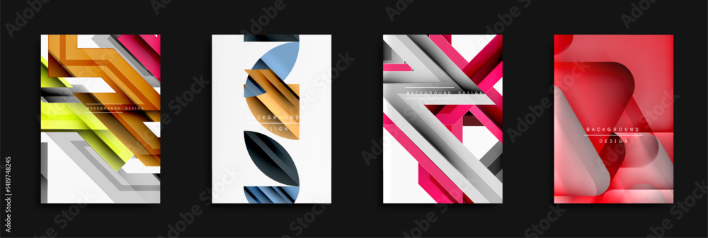 Poster abstract geometric designs. layered shapes create dynamic backgrounds. bright colors, gradients, mod