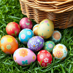 Fototapeta premium Colorful decorated eggs arranged on green grass near a wicker basket with fairy lights during a festive spring celebration