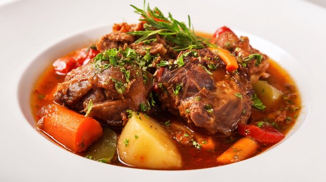 Spain dinner cuisine rabo de toro slow cooked oxtail stew vegetables hearty traditional Spanish dish served in deep plate normal angle with white ceramic background