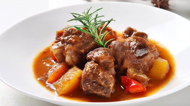 Spain dinner cuisine rabo de toro slow cooked oxtail stew vegetables hearty traditional Spanish dish served in deep plate normal angle with white ceramic background