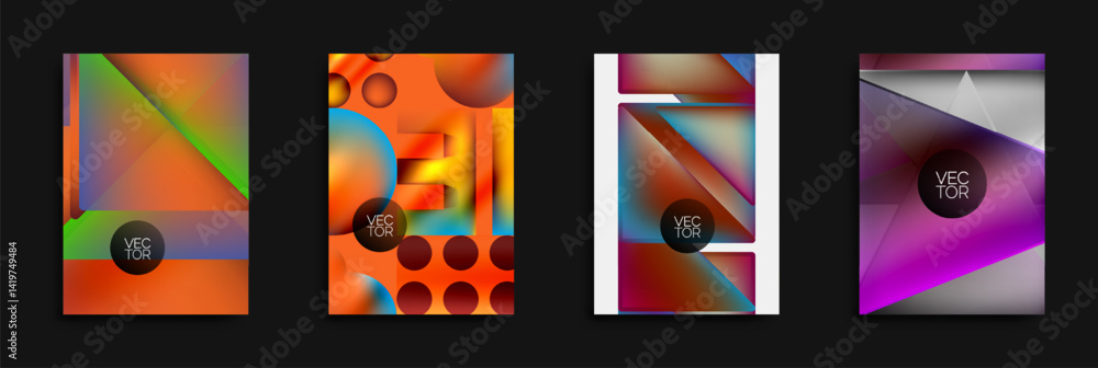 Poster Abstract colorful backgrounds. Geometric shapes overlap, creating vibrant visual effects. Designs include circles, triangles, squares.