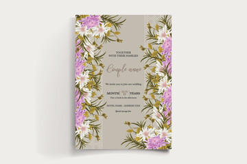 WEDDING INVITATION FRAME WITH FLOWER DECORATIONS AND FRESH LEAVES