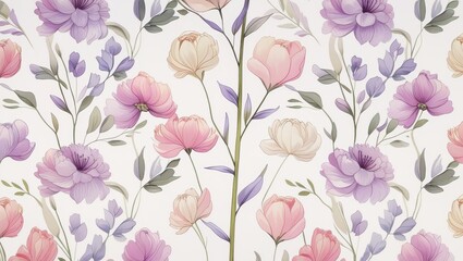 Elegant Pastel Floral Pattern Watercolor Pink Purple and Cream Blooms Seamless Design